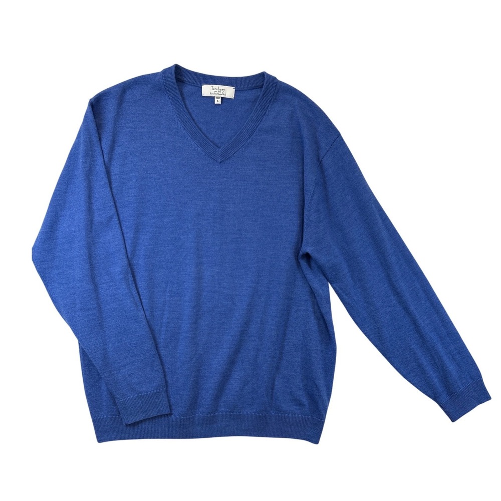 Turnbury Sweater Mens L Blue 100% Extra‎ Fine Merino Wool V-Neck